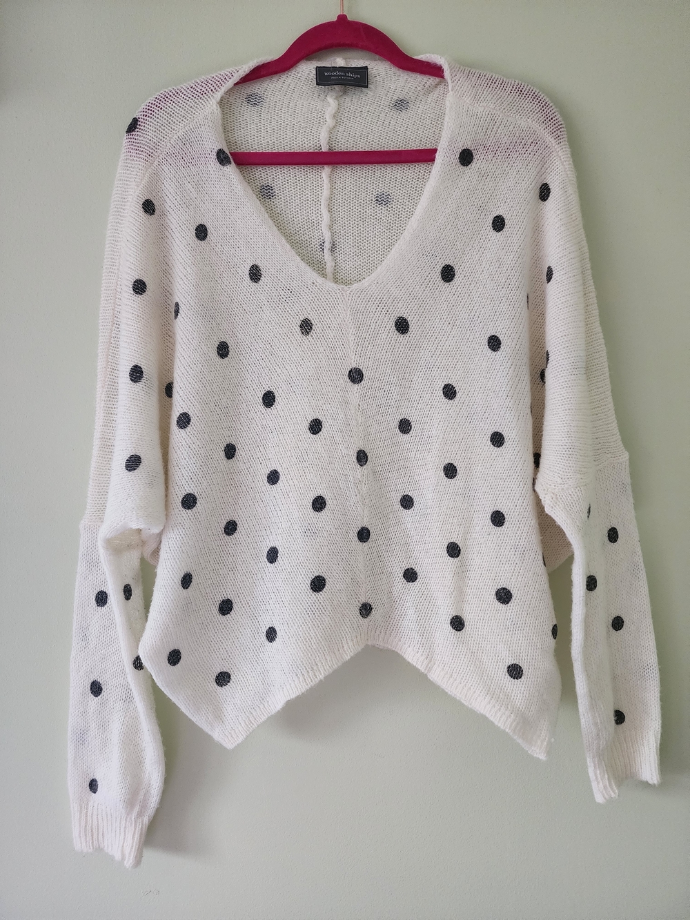 Wooden Ships Cream V-Neck Sweater with Black Polka Dots
